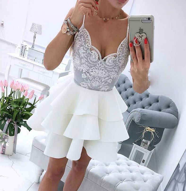 White v neck lace short prom dress, white homecoming dress