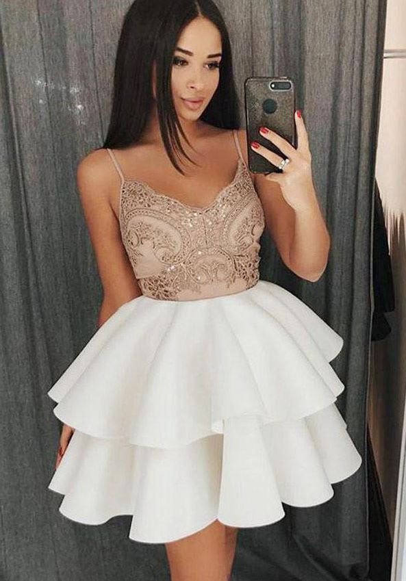 White v neck lace short prom dress, homecoming dress