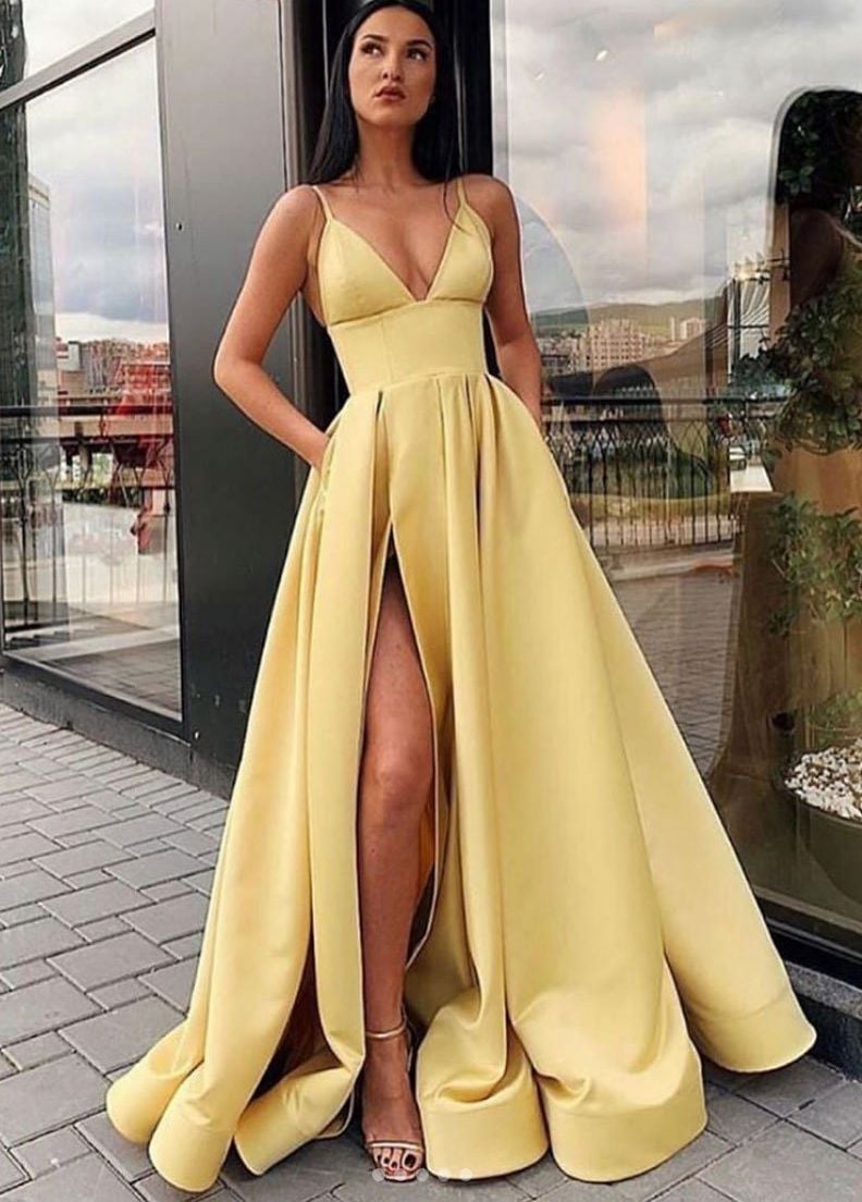 Simple v neck satin long prom dress, evening dress