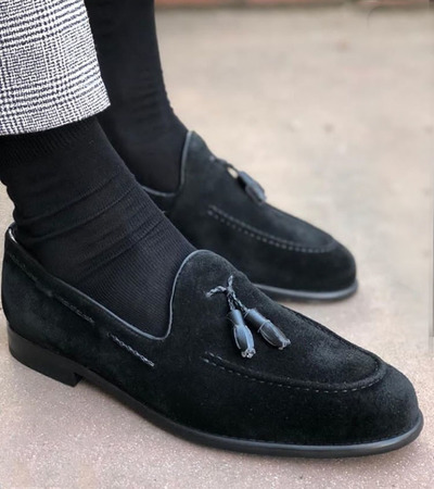 Handmade Black Suede Loafer Slipper Party Dress Men's Fashion Moccasin Tussles Shoes