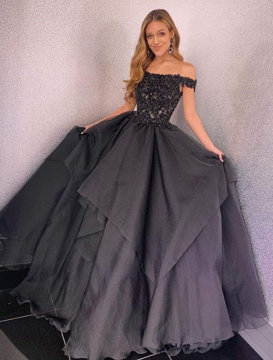Gray black lace off shoulder long prom dress, evening dress