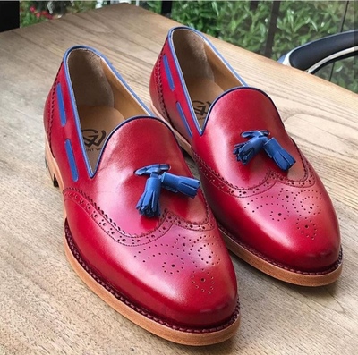 Handmade Burgundy Color Leather Loafer Slipper Dress Shoes Men's Fashion Wing Tip Brogue Tussles Shoes