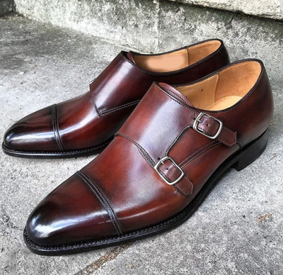 Handmade Men's Brown Color Shoes Cap Toe Double Monk Strap Leather Formal Shoes