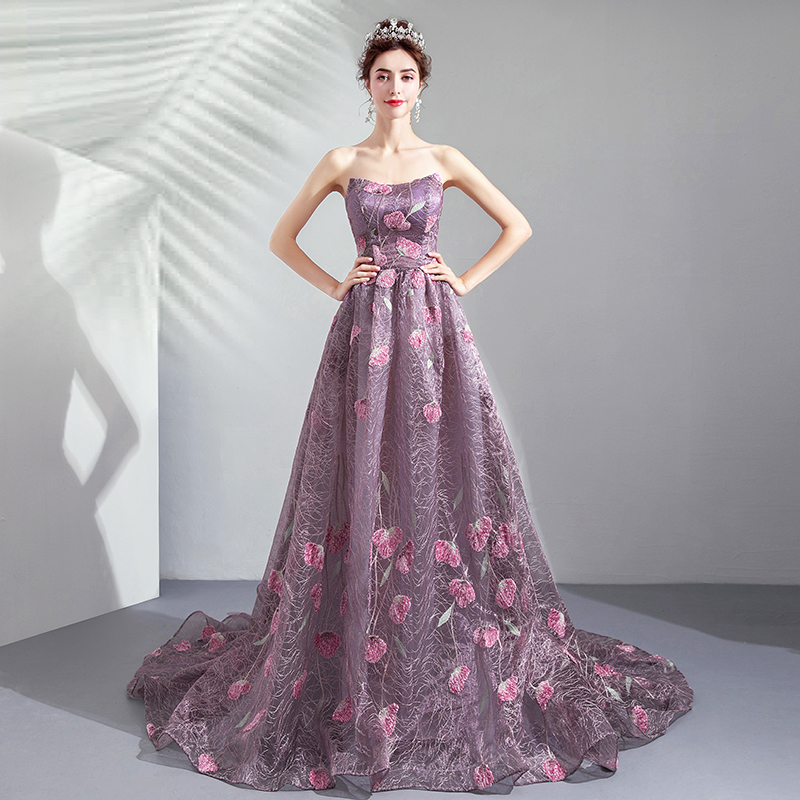 Elegant tulle applique long prom dress, purple evening dress