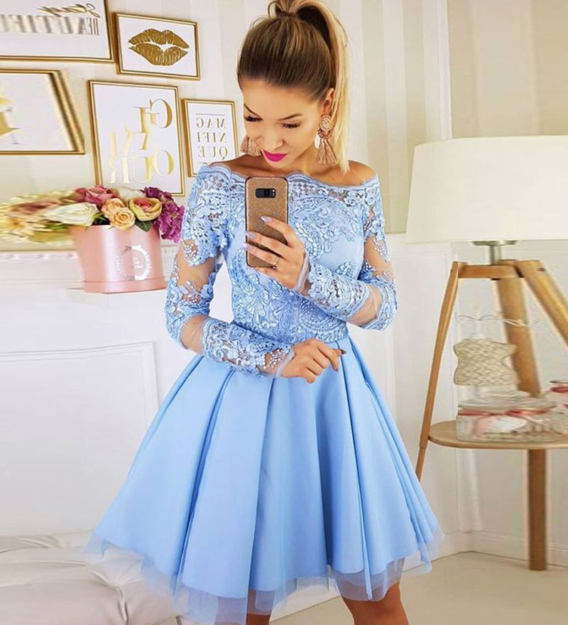 Cute blue lace tulle short prom dress, homecoming dress
