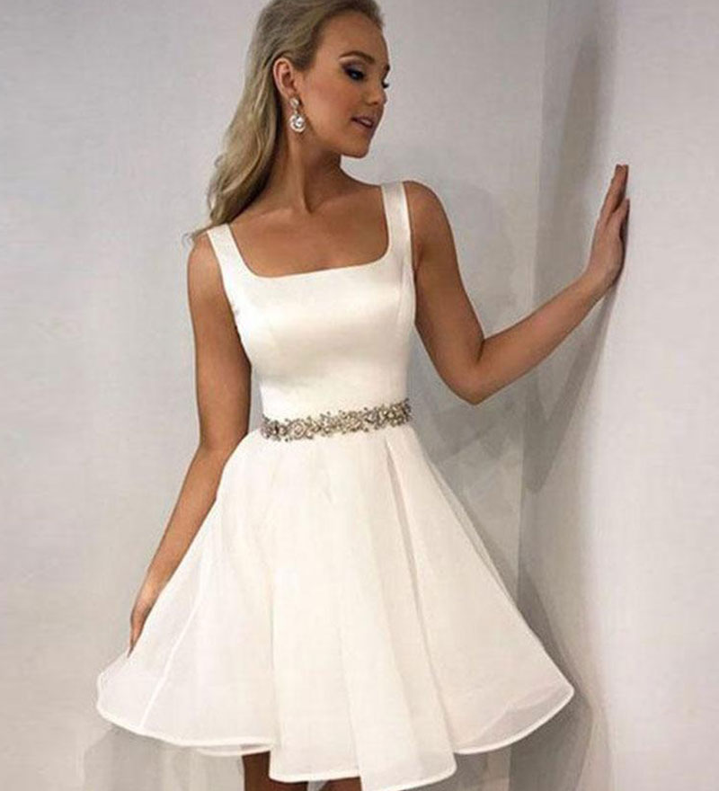 White satin short prom dress, white homecoming dress