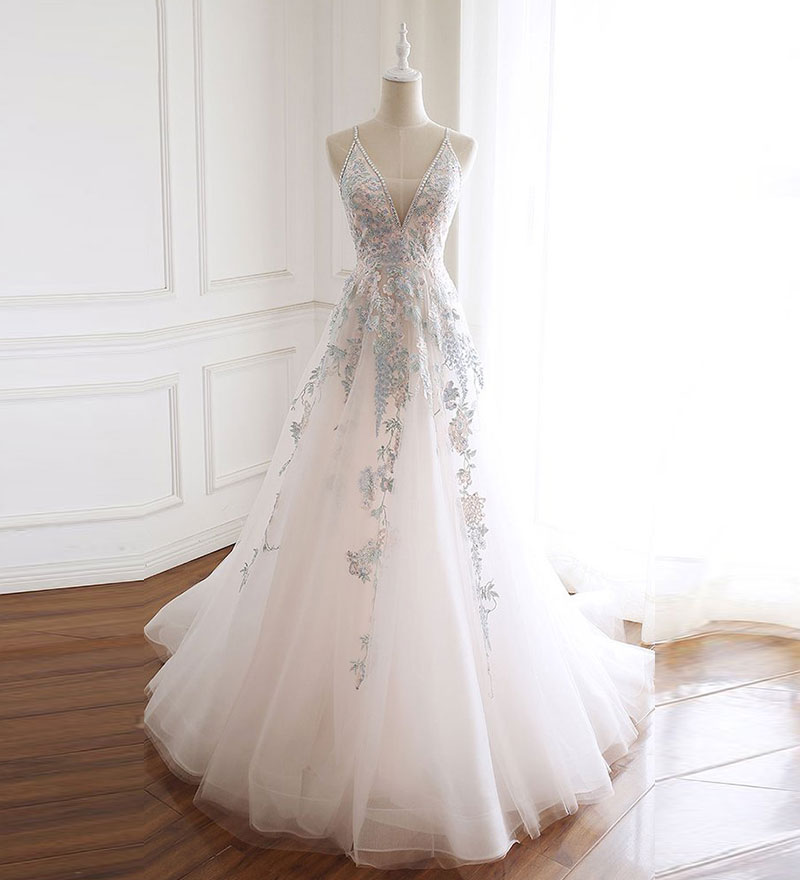 White v neck tulle lace long prom dress, lace evening dress