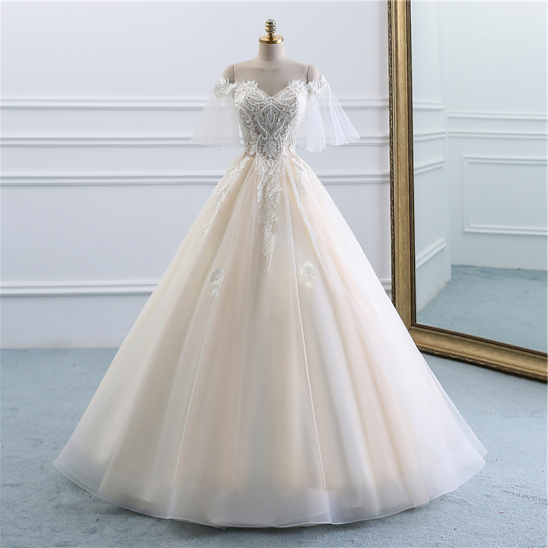 Champagne tulle lace long prom gown, evening dress