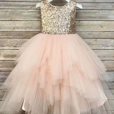 Sequin top flower girl glam dress blush, rose gold/ champagne and ivory gold sequin top dress rose gold sequin top dress big bow - Thumbnail 3