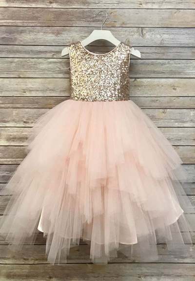 Sequin Top Flower Girl Glam Dress Blush, Rose Gold/ Champagne and Ivory Gold Sequin Top Dress rose gold sequin top dress big bow