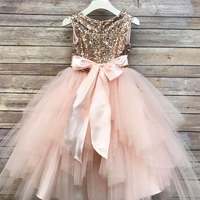 Sequin Top Flower Girl Glam Dress Blush, Rose Gold/ Champagne and Ivory Gold Sequin Top Dress rose gold sequin top dress big bow - Thumbnail 1
