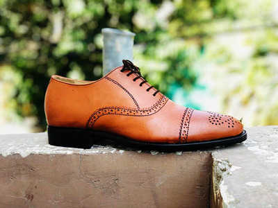 Handmade Oxford Shoe, Tan Cap Toe Shoes, Office Dress Designer Brogue Men Shoes