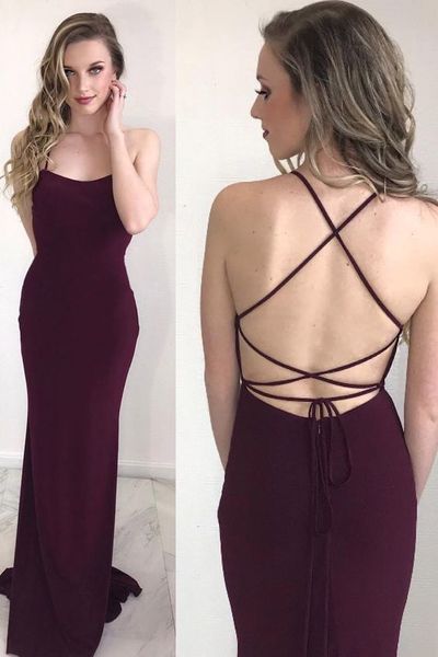 Simple Mermaid Scoop Neck Cross Back Burgundy Satin Long Prom Dresses,Evening Party Dresses