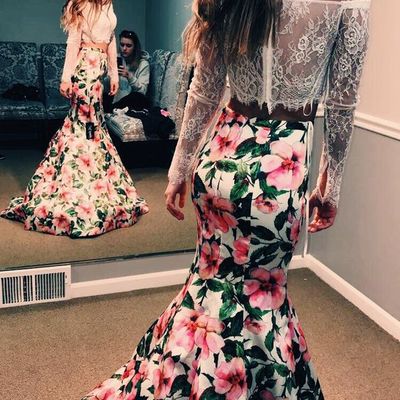 Unique two piece mermaid off the shoulder long sleeve floral printed long prom dresses - Thumbnail 3