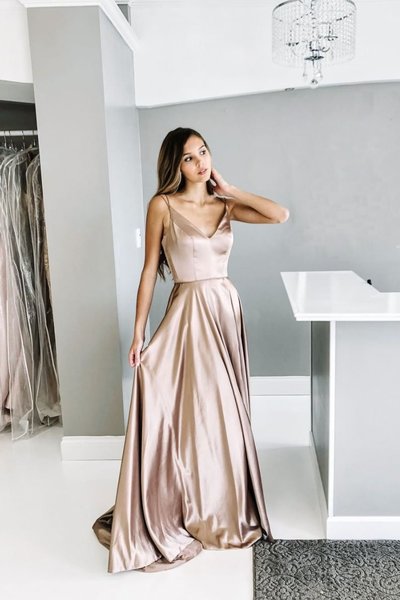 Elegant A-Line Open Back Champagne Satin Long Prom Dresses,Formal Party Dresses