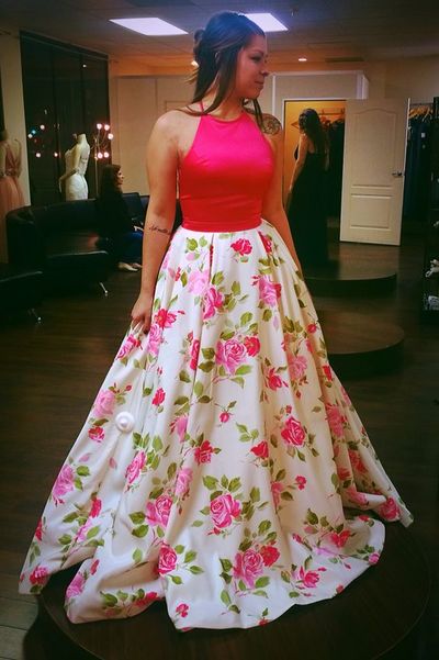 Charming A-Line Halter Open Back Floral Printed Satin Long Prom Dresses,Formal Party Dresses