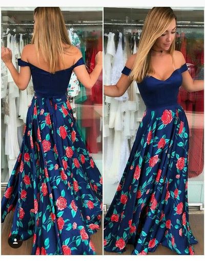 A-Line Off the Shoulder Open Back Navy Blue Floral Printed Satin Long Prom Dresses