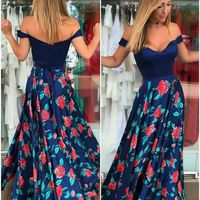 A-Line Off the Shoulder Open Back Navy Blue Floral Printed Satin Long Prom Dresses - Thumbnail 1