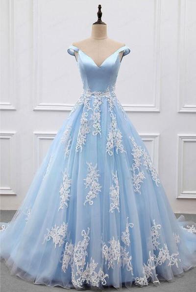 Off The Shoulder Light Blue Ball Gown Prom Dress,Sexy Prom Dress With Lace Appliques