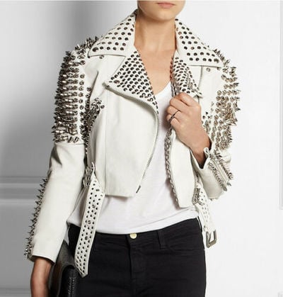 Woman Full White Punk Brando Spiked Studded Leather Jacket,Fashion Biker Jacket  Studded Jacket made with 100 % Genuine Top Quality Cowhide Leather