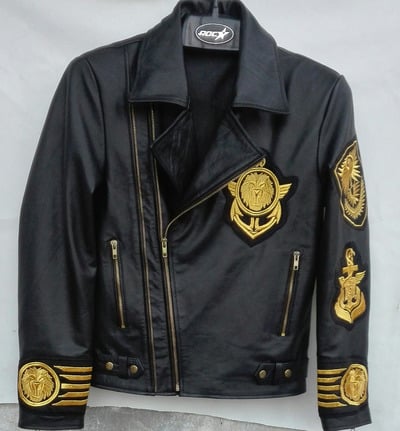 Men's New H&M Embroidery Patches Golden Black Brando Style Leather Jacket