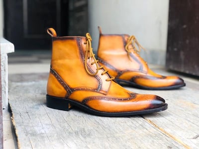 Handmade Men's Cognac Two tone Boot Dress Brown Leather Wing Tip Chelsea Boots