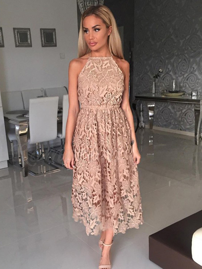 Simple A-Line Halter Open Back Champagne Lace Wedding Guest Dresses,Short Bridesmaid Dresses,Party Dresses