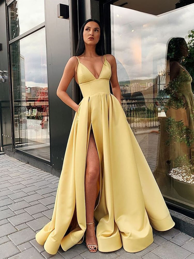Glamorous A-Line V Neck Straps Yellow Satin Long Prom Dresses,Formal Evening Dresses