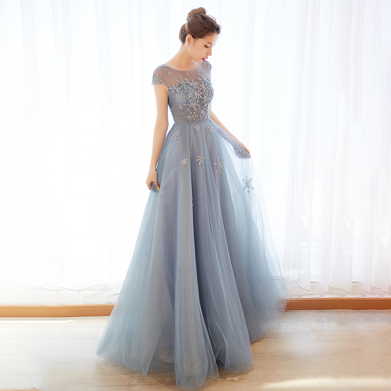Cute round neck tulle long prom dress, evening dress