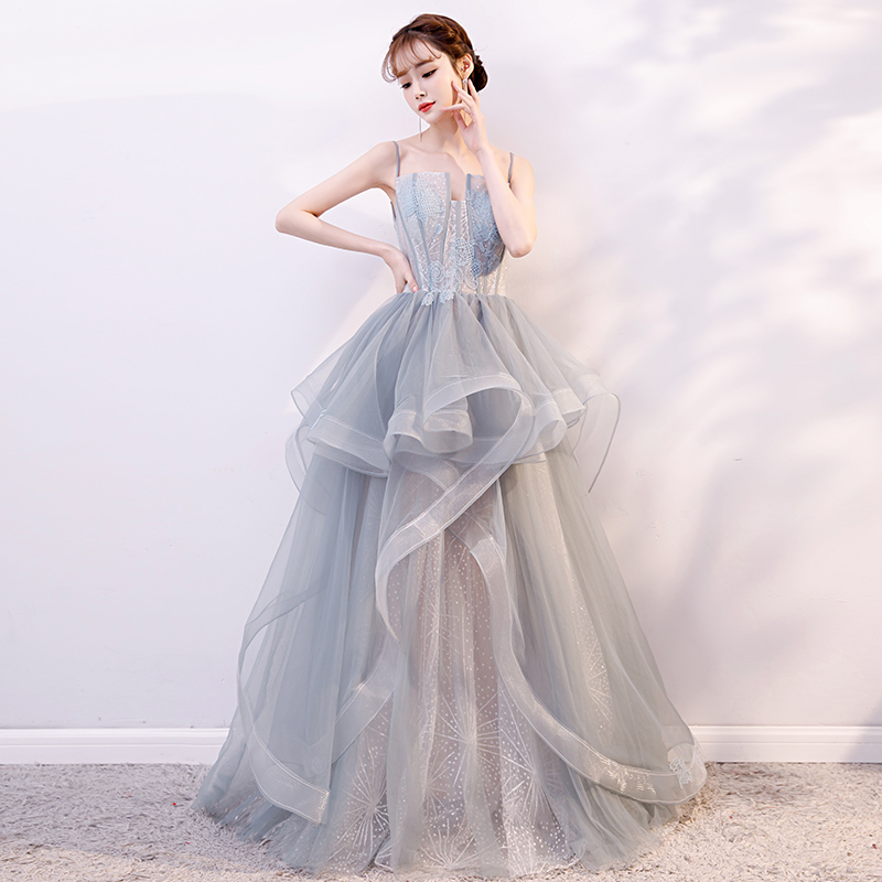 Gray tulle long prom dress, gray evening dress