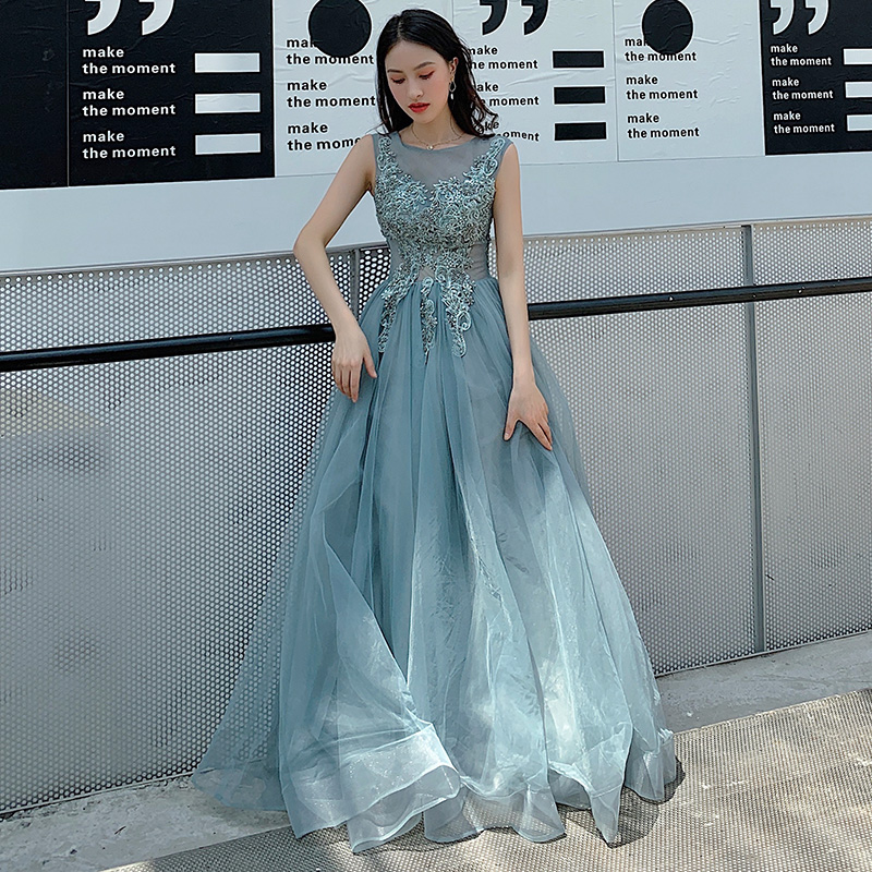 Blue tulle lace long prom dress, evening dress