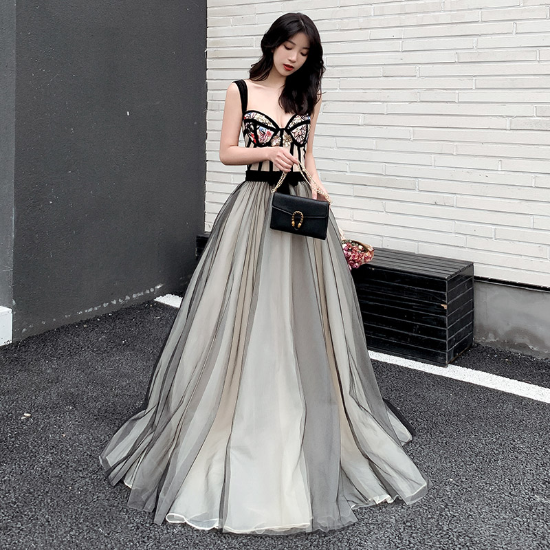 Black tulle sequins long prom dress, evening dress