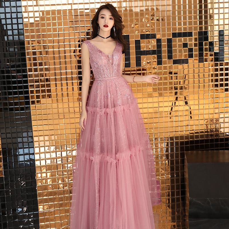 Pink v neck tulle long prom dress, pink evening dress
