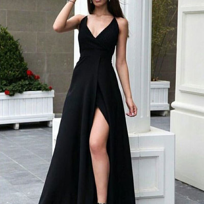 Strapls split side black long prom dresses under 100 - Thumbnail 4