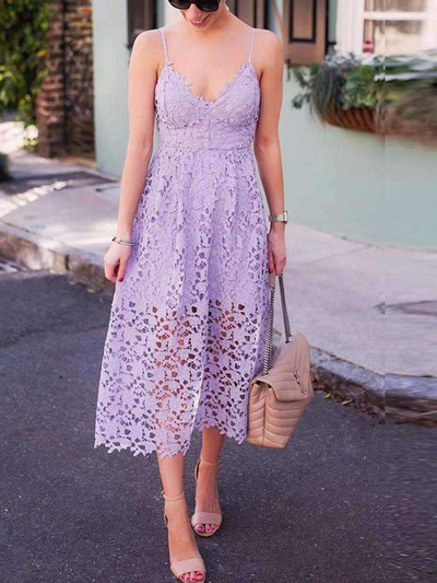 A-Line Spaghetti Straps Lavender Lace Wedding Guest Dresses,Elegant Bridesmaid Dresses,Ankle Length Prom Dresses