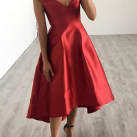 A-Line Red Satin Off the Shoulder Open Back High Low Prom Dresses,Evening Party Dresses - Thumbnail 1