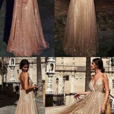 Sparkly a-line open back champagne sequins long prom dresses,formal party dresses - Thumbnail 4