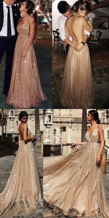 Sparkly A-Line Open Back Champagne Sequins Long Prom Dresses,Formal Party Dresses