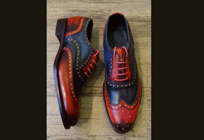Handmade Men's Burgundy Navy Blue Color Shoes Wing Tip Brogue Leather Lace Up Formal Shoes
