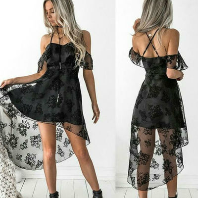 Black a-line off the shoulder floral lace high low prom dresses,black homecoming dresses - Thumbnail 2