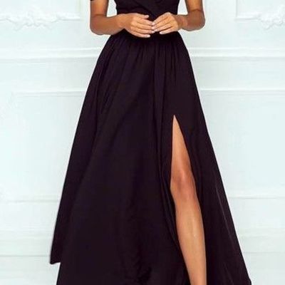 Black off the shoulder a-line satin long prom dresses with side split,formal party dresses - Thumbnail 4