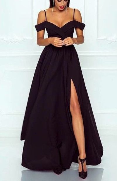 Black Off the Shoulder A-Line Satin Long Prom Dresses with Side Split,Formal Party Dresses