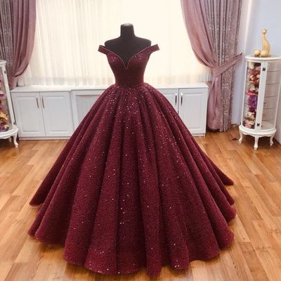 Burgundy ball gown off the shoulder open back sequins prom dresses,quinceanera dresses,girls junior graduation gown - Thumbnail 4