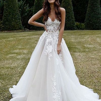 Elegant spaghetti straps sweetheart open back white tulle country wedding dresses with lace,beach wedding gown - Thumbnail 5