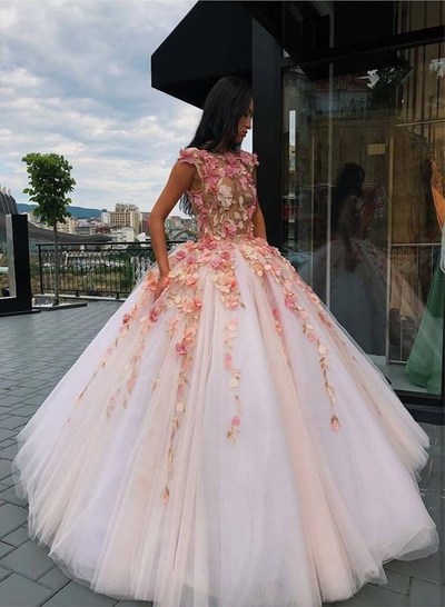 Ball Gown White Tulle Prom Dresses,Handmade Flowers Girls Junior Graduation Gown,Prom Gown 2020