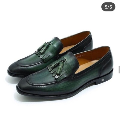 Handmade Green Color Leather Loafer Slipper Dress Men's Fashion Moccasin Fringe Tussles Shoes
