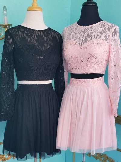 Long Sleeves Black/Pink Short/Mini Homecoming Dresses with Lace