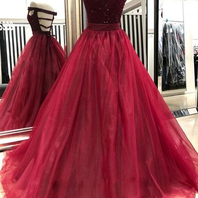 Charming a-line boat neck dark red beaded long prom dresses,evening party dresses - Thumbnail 4