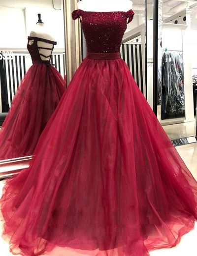 Charming A-Line Boat Neck Dark Red Beaded Long Prom Dresses,Evening Party Dresses