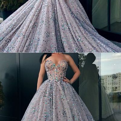 Unique a-line sweetheart grey tulle long prom dresses with sequins,graduation dresses - Thumbnail 3